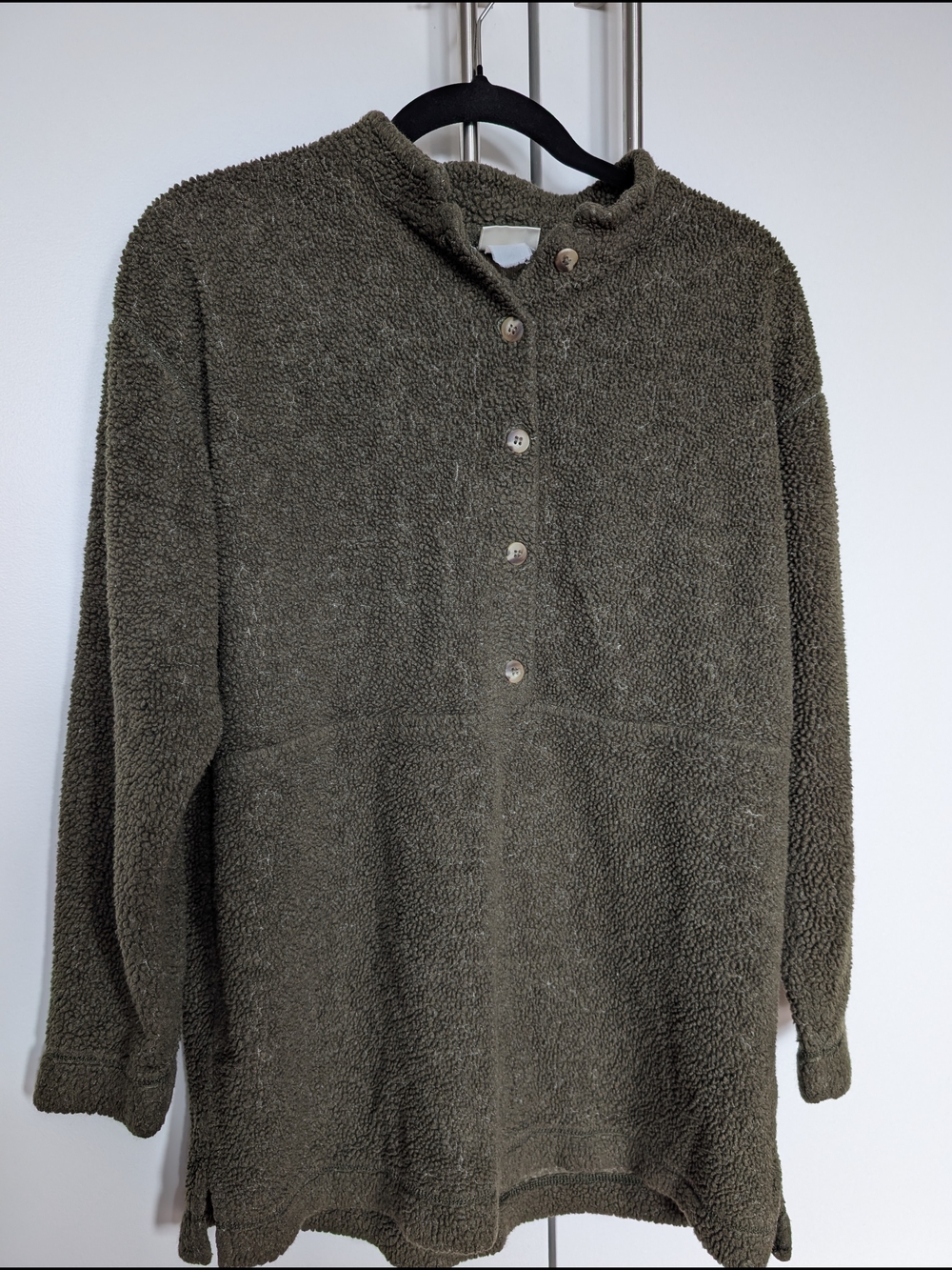 Vintage L.L. Bean Olive Green Sherpa Crewneck Button Pullover